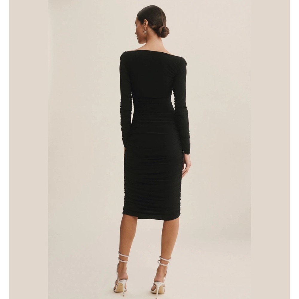 Norma Kamali Tara Long-Sleeve Deep-V Ruched Stretch Jersey Midi Dress small - Picture 3 of 7